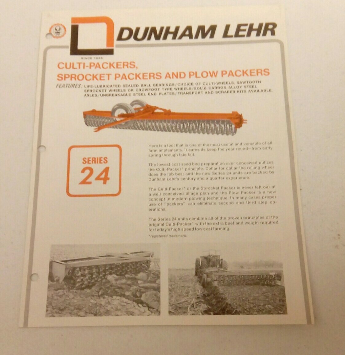 VINTAGE 1974 DUNHAM LEHR CULTI SPROCKET PLOW PACKERS FARM TRACTOR SALES BROCHURE