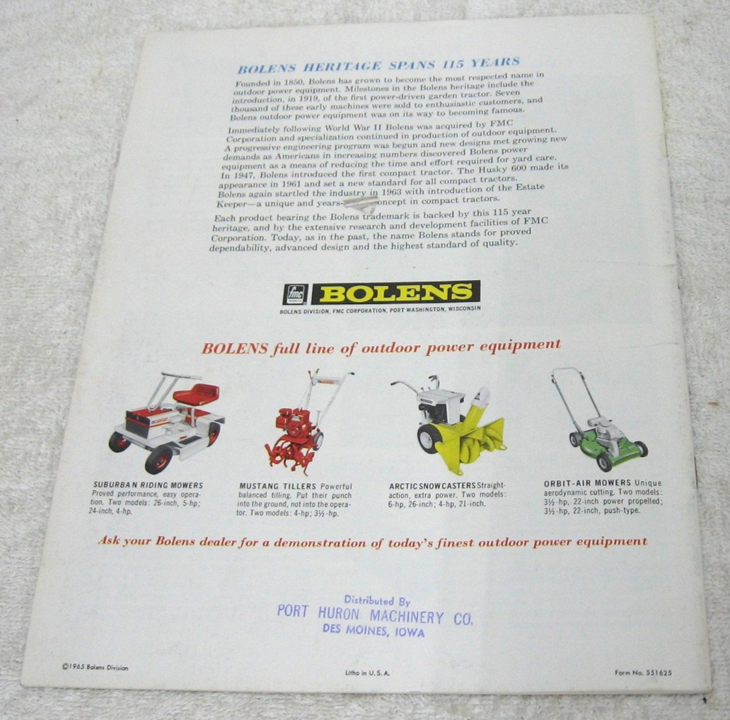 VINTAGE BOLENS HUSKY LAWN TRACTOR MOWER 1050 850 650 AND ATTACHMENTS BROCHURE