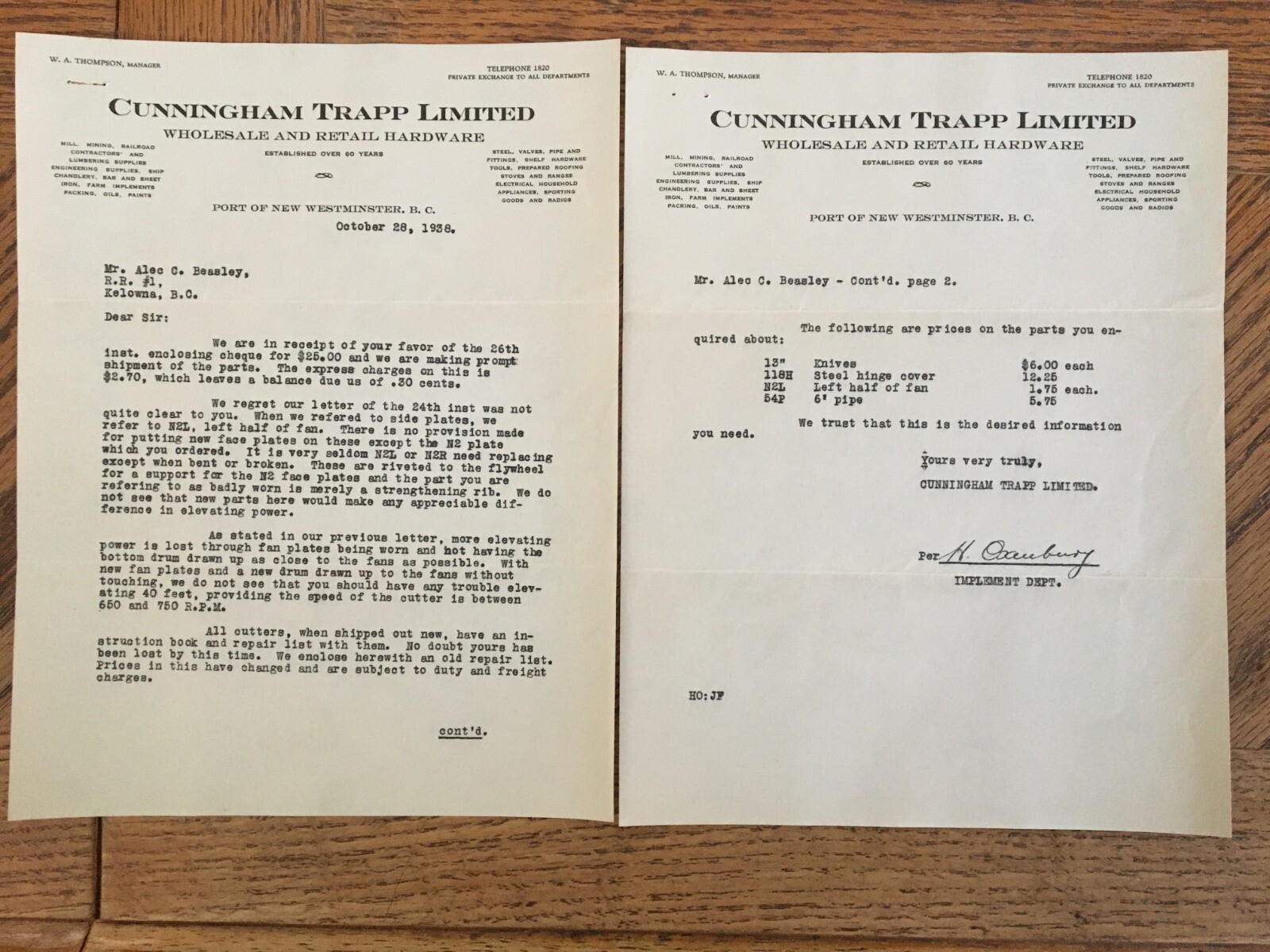 Cunningham Trapp Ltd Farm Machinery Receipt Letter 1938 Kelowna BC Cattle Ranch