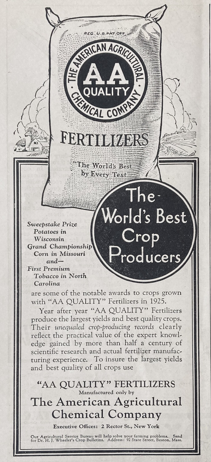 1926 AD.(XG23)~AMERICAN AGRICULTURAL CHEMICAL CO.NYC. AA CROP GROWING FERTILIZER