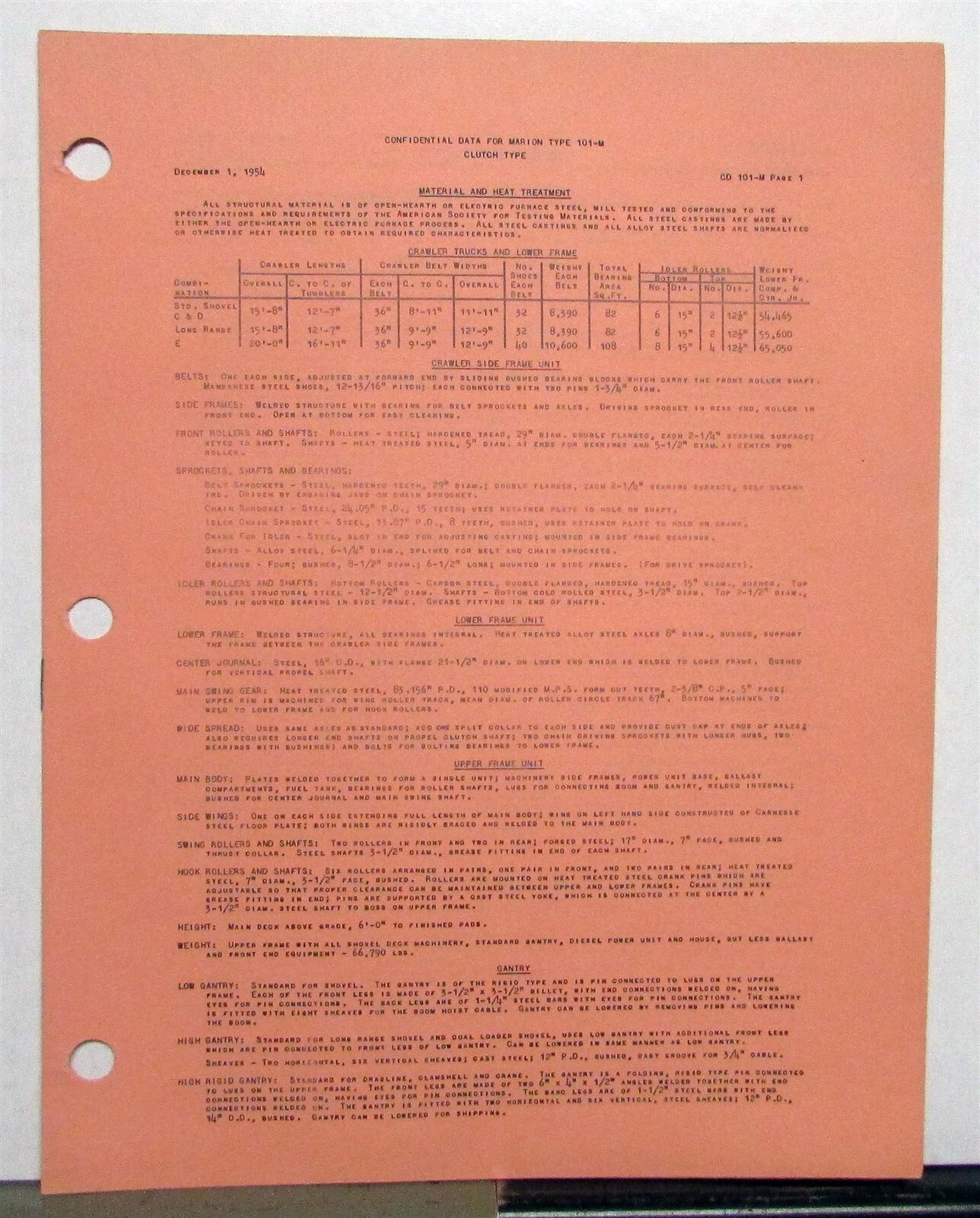 1955 Marion 101M Clutch Type Crawler Truck Specs Construction Dealer Catalog