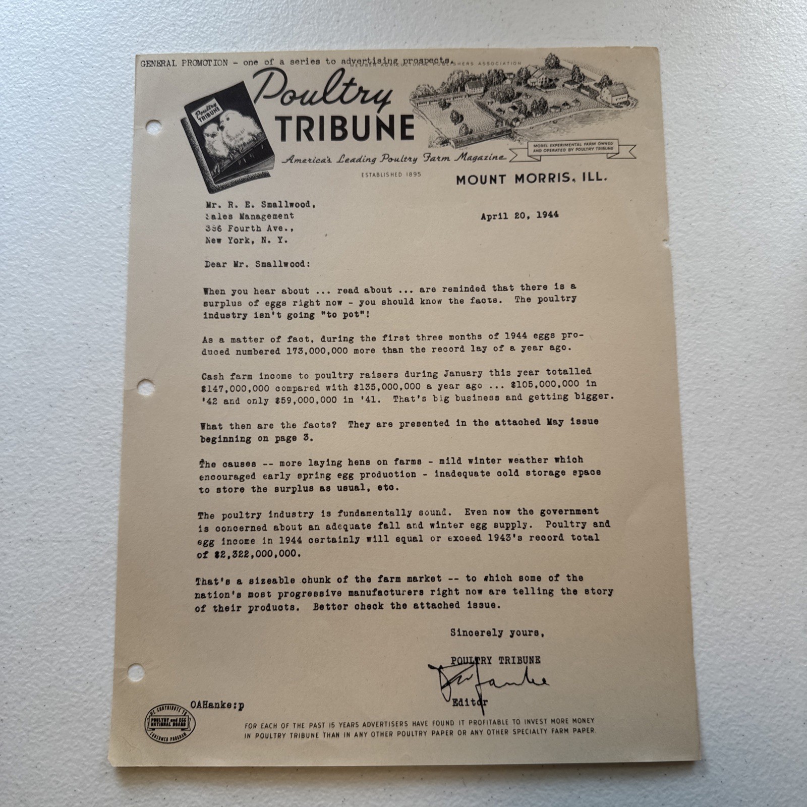 Poultry Tribune Poultry Farm Magazine Mount Morris Illinois 1944 Sales Letter