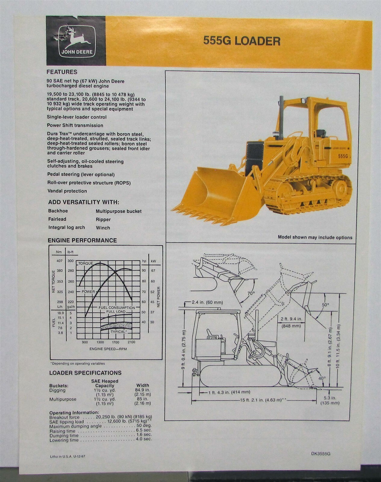 1988 John Deere 555G Loader Specifications Construction Sales Data Sheet