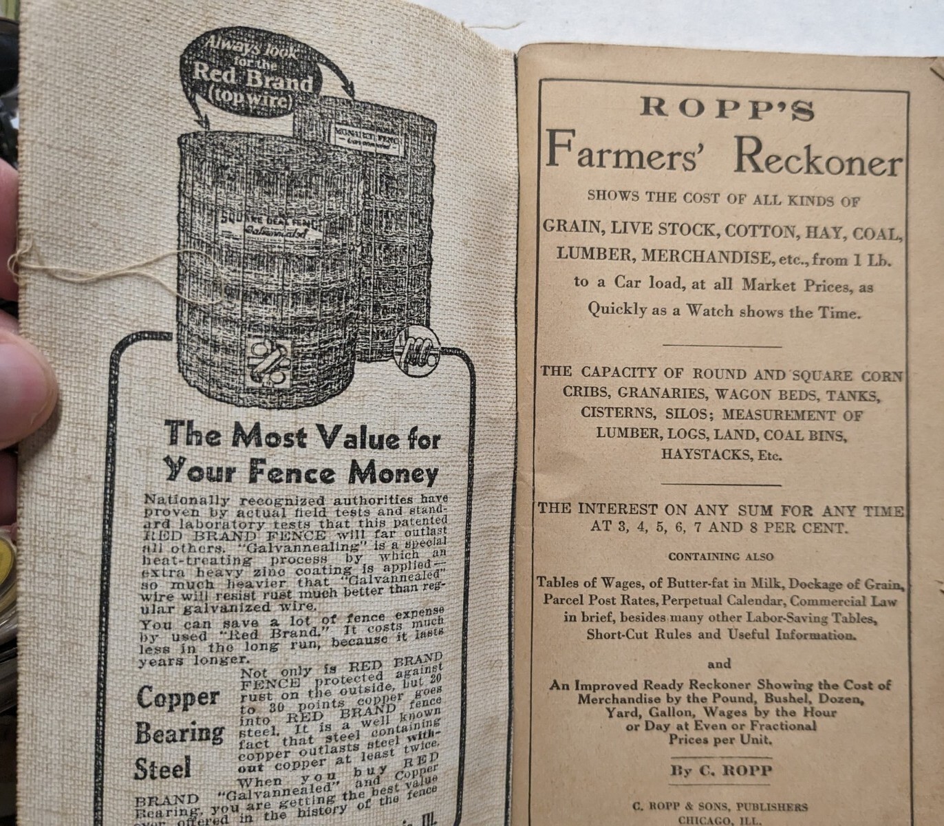 1919 Ropp&rsquo;s New Calculator Farmers Reckoner Pocket Booklet Red Brand Fence Ads