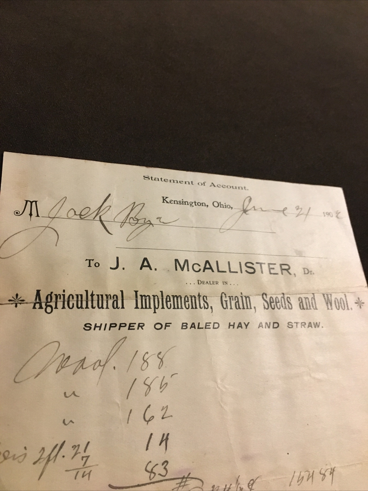 1903 Kensington Ohio Dr McAllister Implements Billhead Tractor Grain