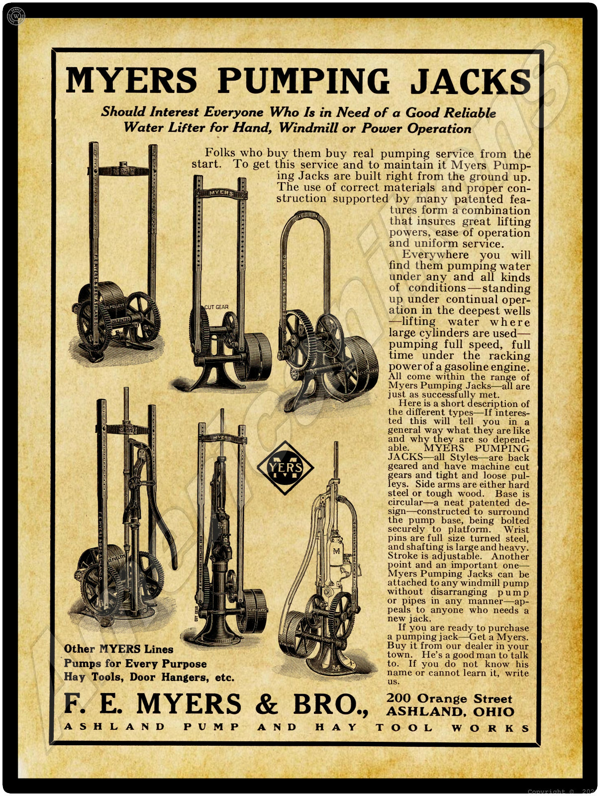1915 F.E. Meyers Pumping Jacks New Metal Sign: Ashland, OH – LARGE SIZE 12 x 16