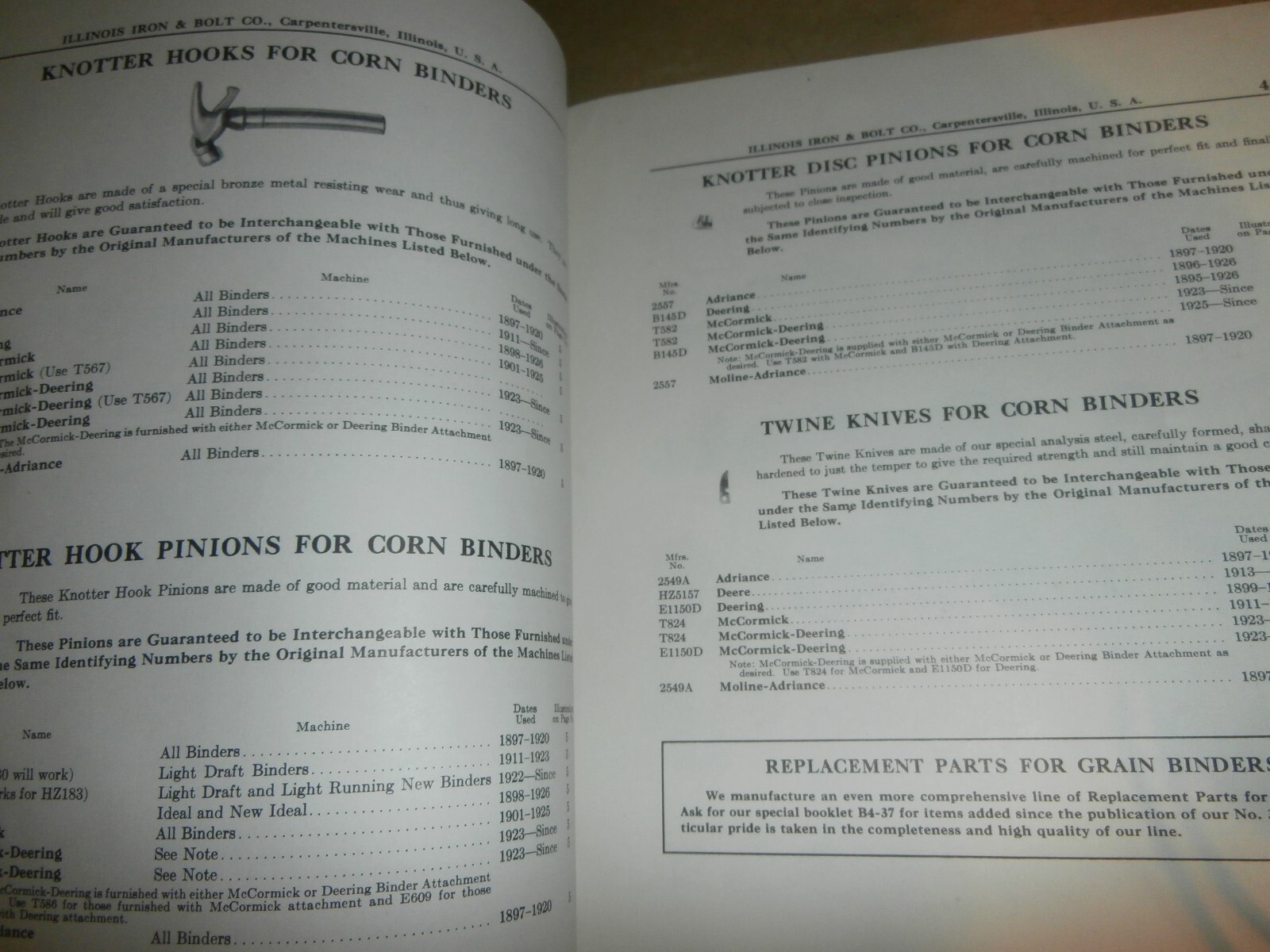 Vintage Parts Catalog for Illinois Iron & Bolt Co Corn Binders Carpentersville