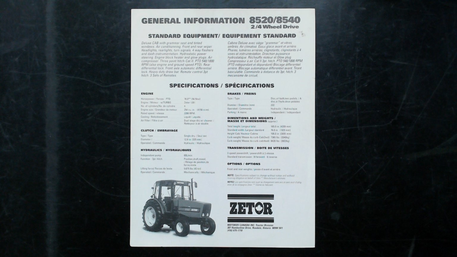 Zetor 8520/8540 Tractor Brochure 2/4 Wheel Drive Vintage Farm