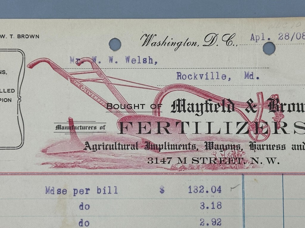 1908 OLIVER PLOW Washington DC Mayfield & Brown Antique Farm Advertising Receipt