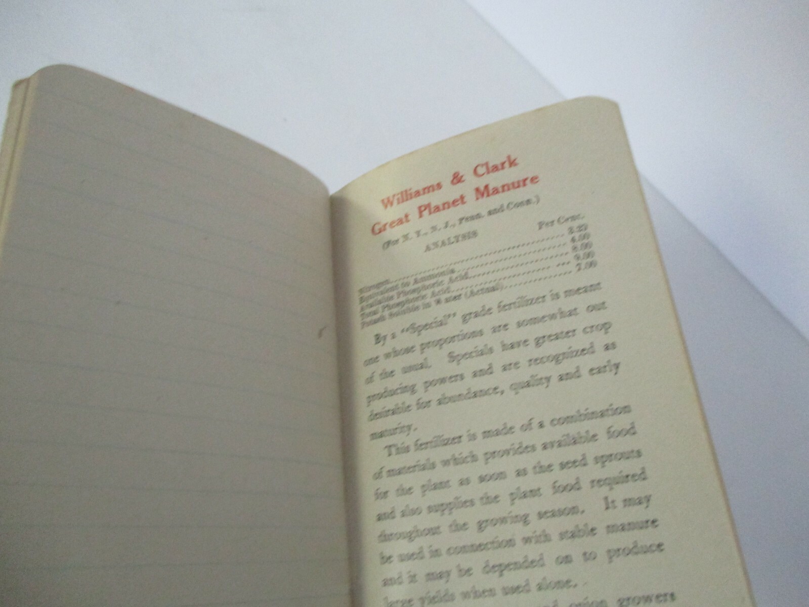 WILLIAMS & CLARK FERTILIZERS Advertising Memo Booklet, 1914
