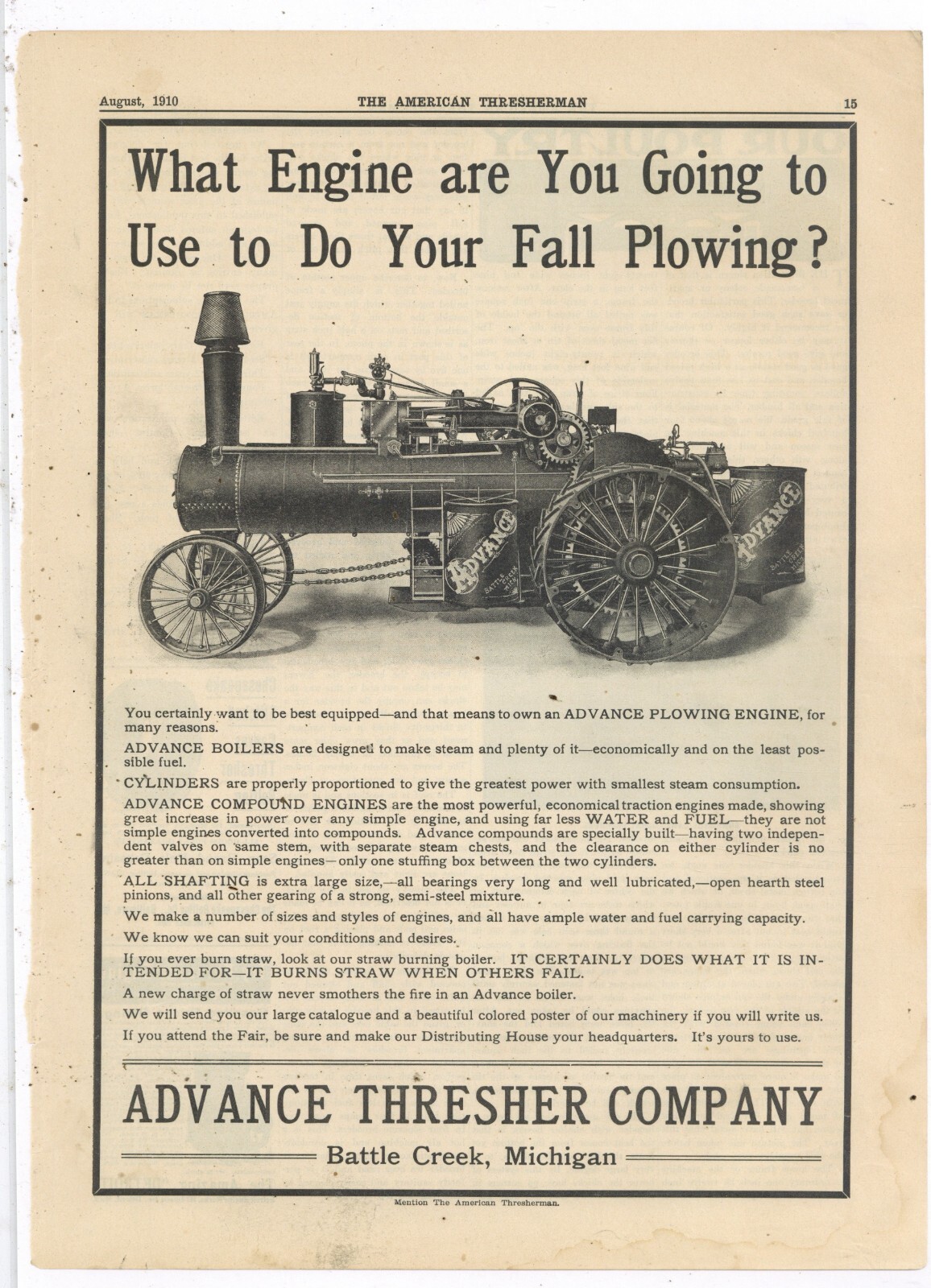 1910 Advance Thresher Co. Ad: Compound Engines for Plowing – Battle Creek, MI