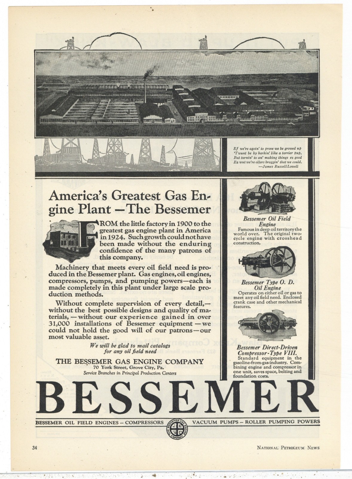 1924 Bessemer Gas Engine Co. of Grove City Pennsylvania Ad: Factory Pics, 1900 +
