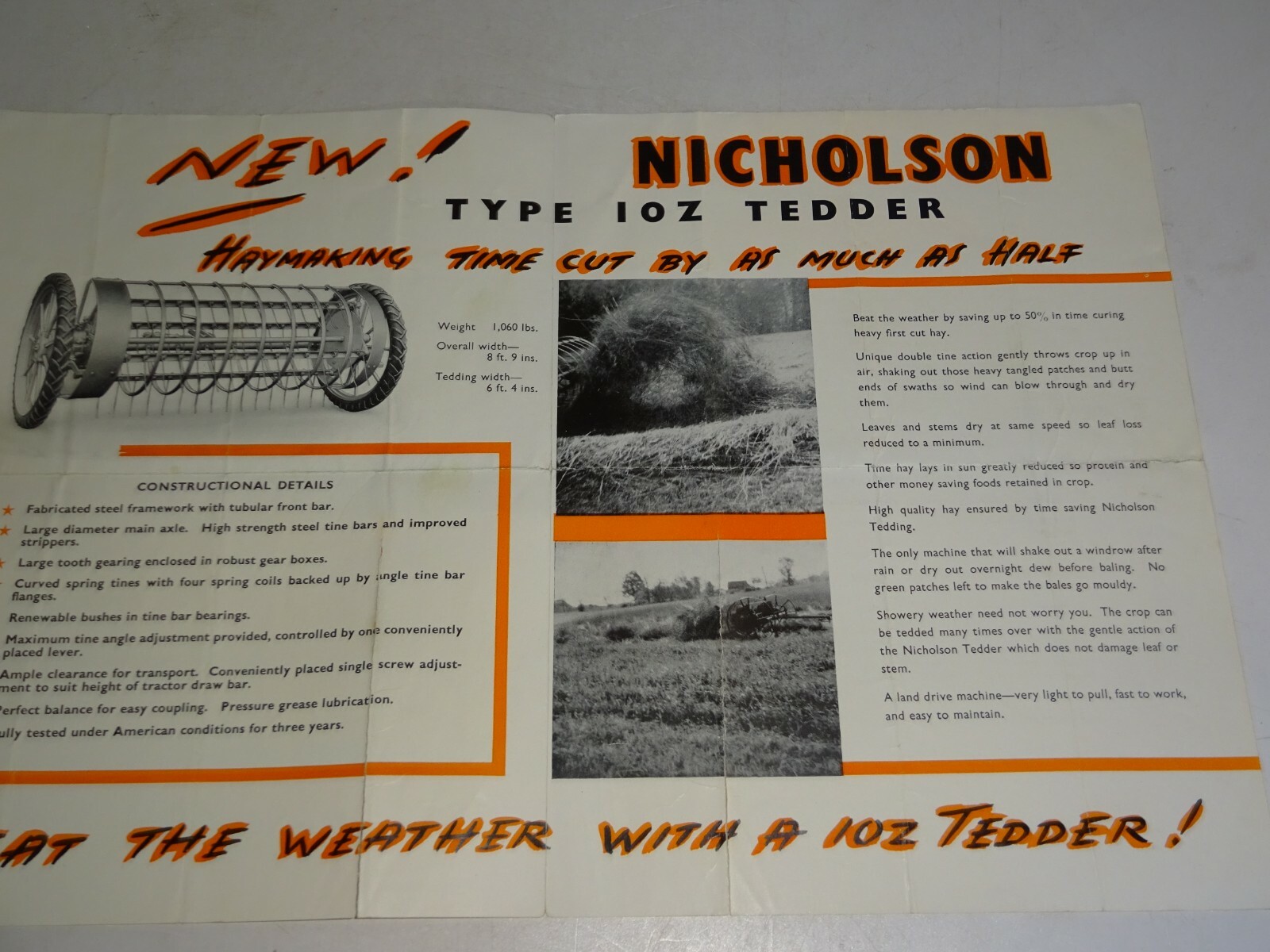 Vintage Nicholsons Spring Tine Back Action Tedder Sales Brochure Type 10Z