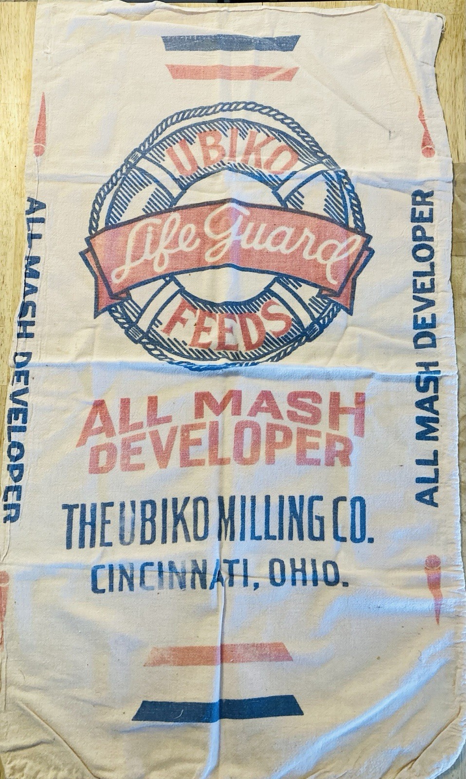 UBIKO MILLING CO. CINCINNATI, OHIO. 100LB. “LIFE GUARD” CLOTH MASH FEED BAG