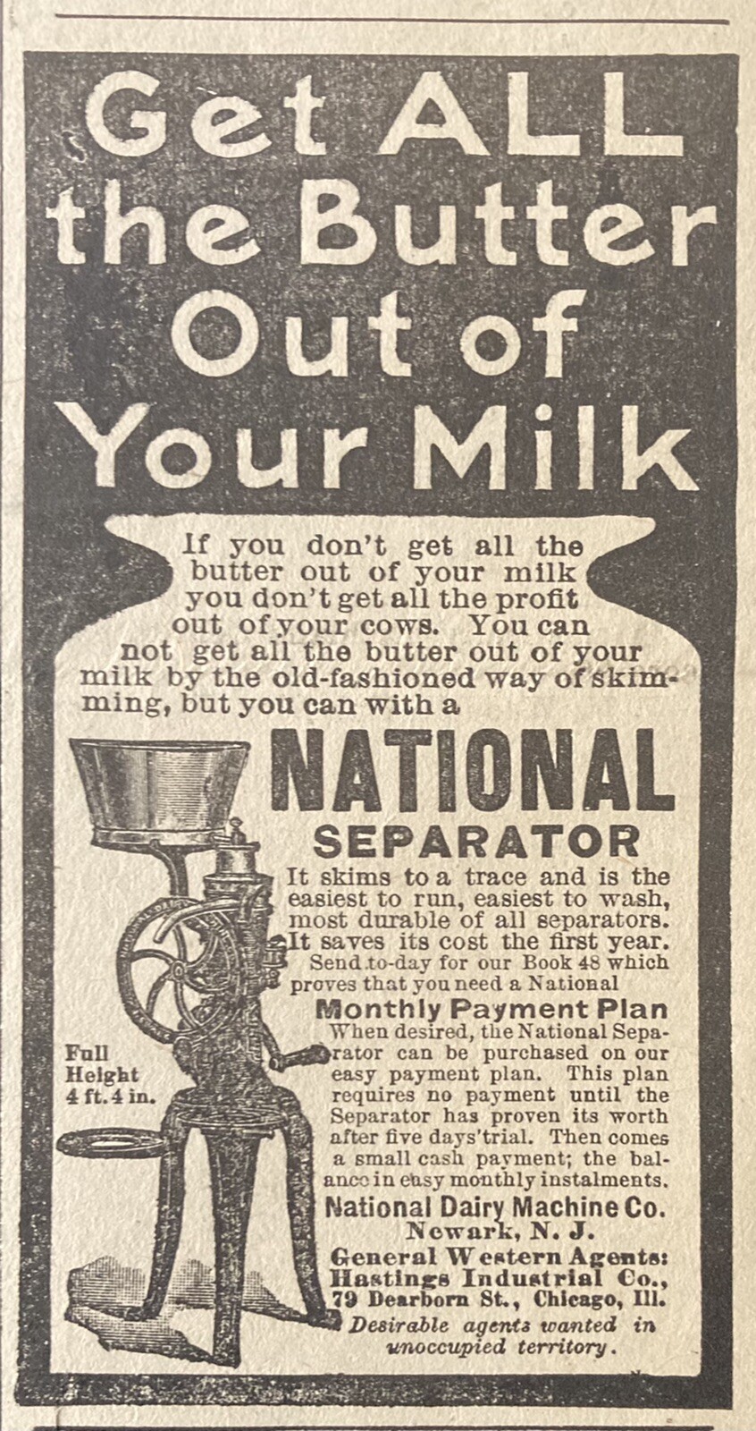 1905 AD.(XH29)~NATIONAL DAIRY MACHINE CO. NEWARK, NJ. NATIONAL CREAM SEPARATOR