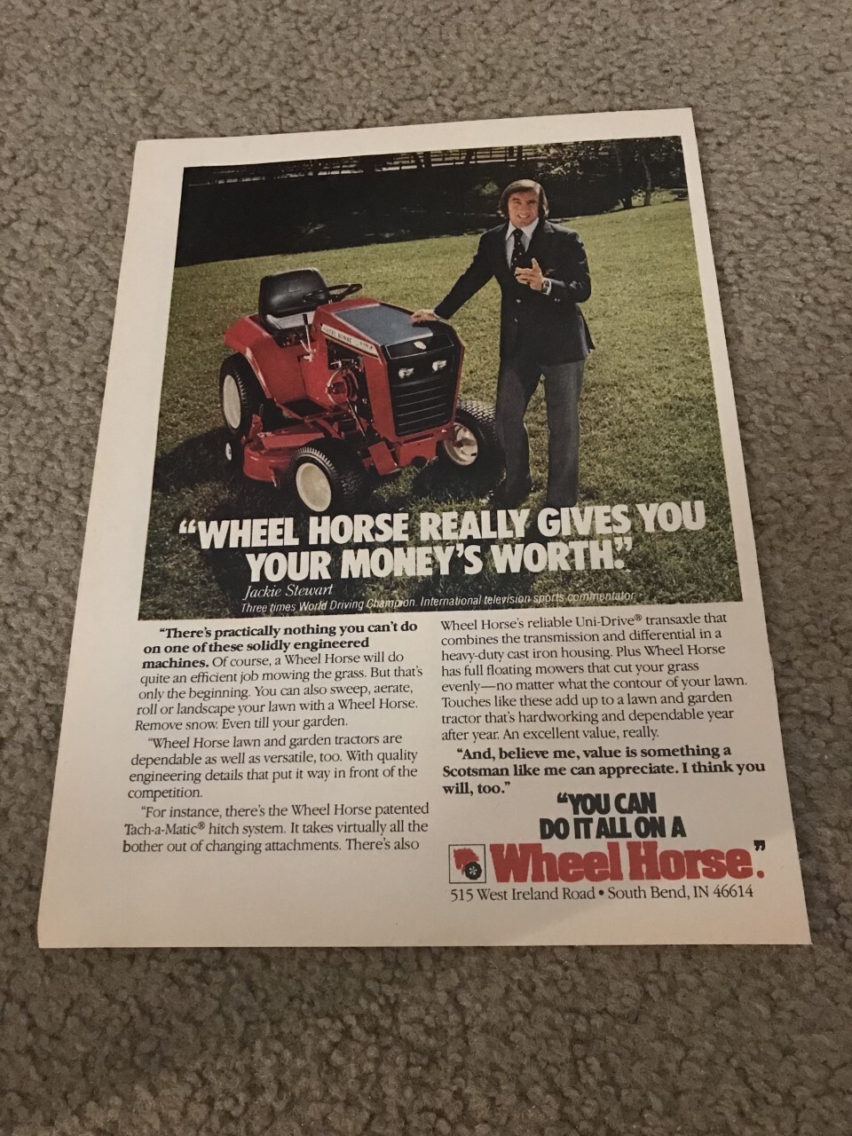 Vintage 1980 WHEEL HORSE TRACTOR RIDING MOWER Print Ad JACKIE STEWART NASCAR