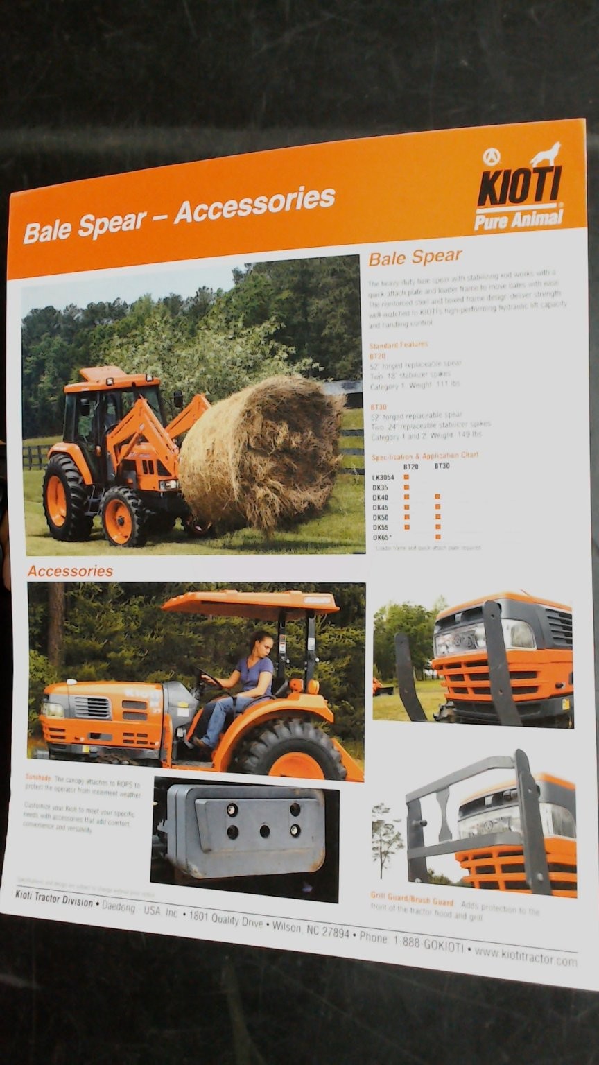 Kioti Bale Spear Accessories Brochure Orange Tractor Agriculture