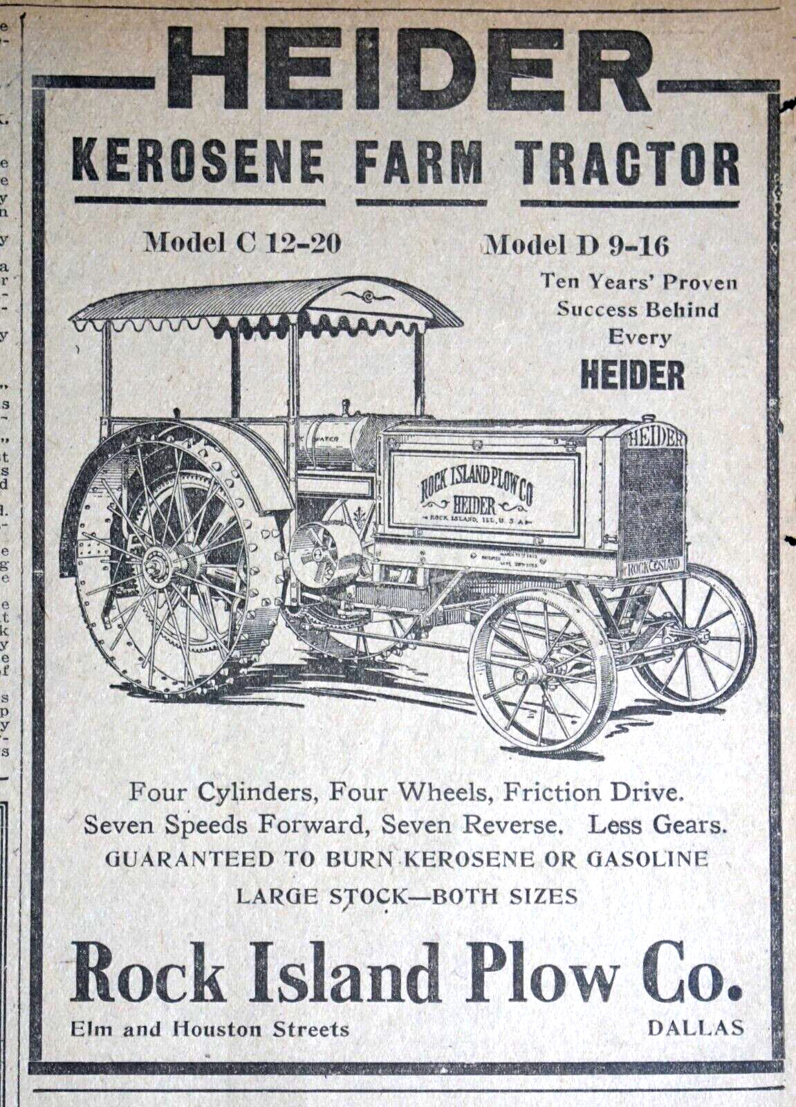 1918 Dallas Newspaper Page – Rock Island Plow Co. Heider Kerosene Tractor Ad