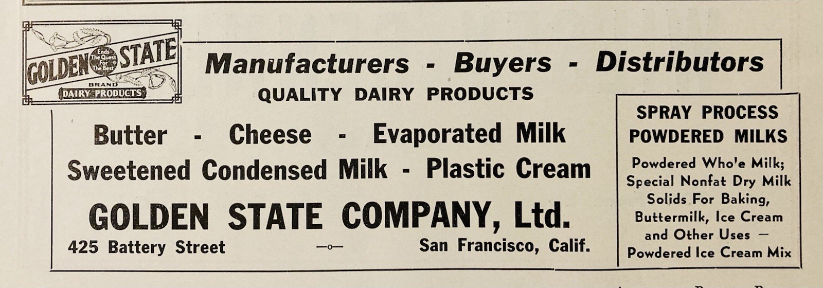 1946 AD.(XH85)~GOLDEN STATE CO. BATTERY ST. SAN FRAN., CA. GOLDEN STATE DAIRY