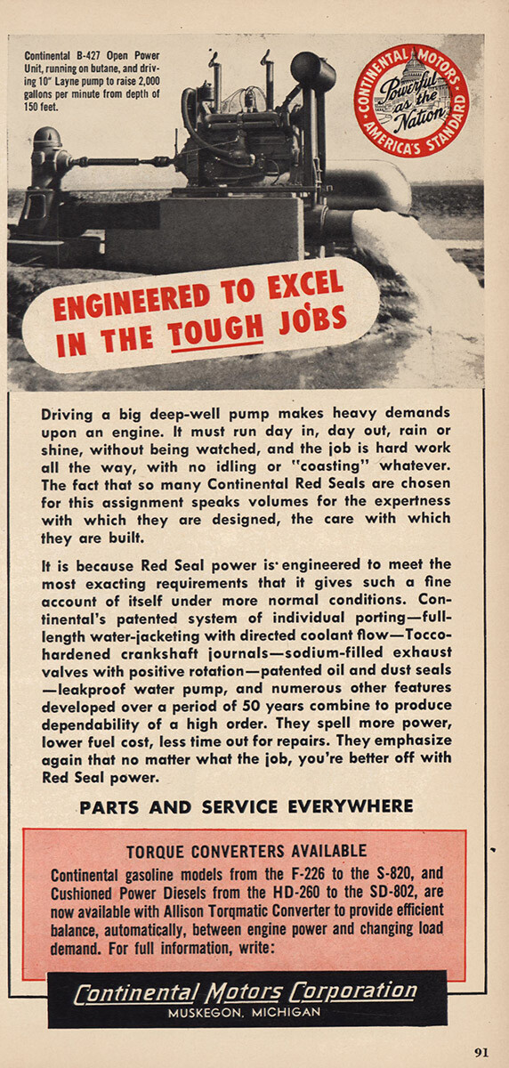1953 Continental Motors: Excel In Tough Jobs Vintage Print Ad