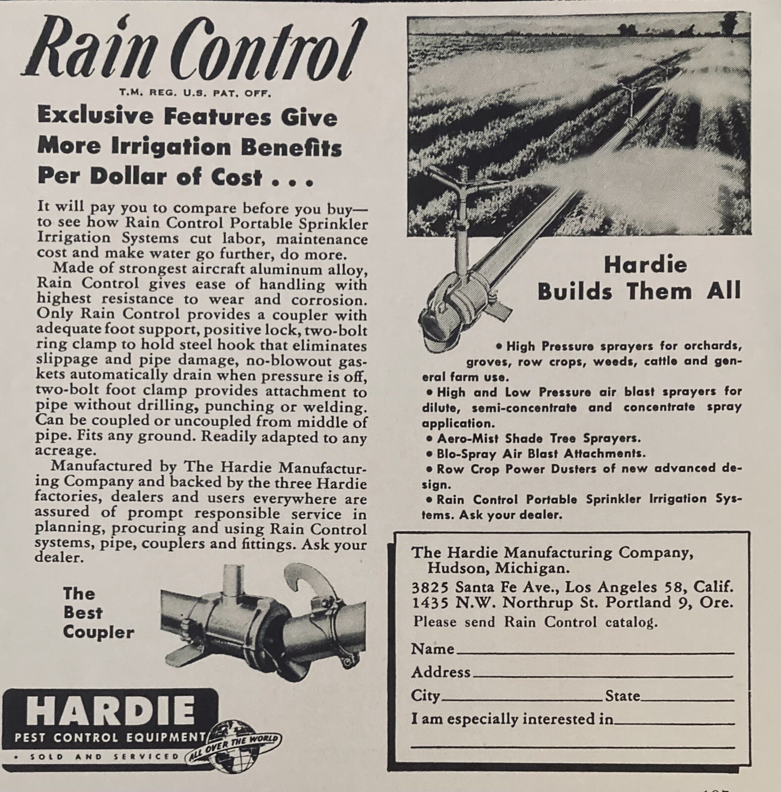 1953 AD.(XH56)~HARDIE MFG. CO. HUDSON, MI. HARDIE HIGH PRESSURE ORCHARD SPRAYERS