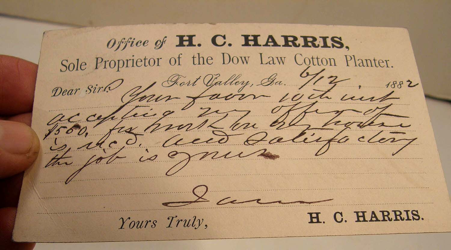 ANTIQUE 1882 POSTCARD H C HARRIS DOW LAW COTTON SEED PLANTER FORT VALLEY GA
