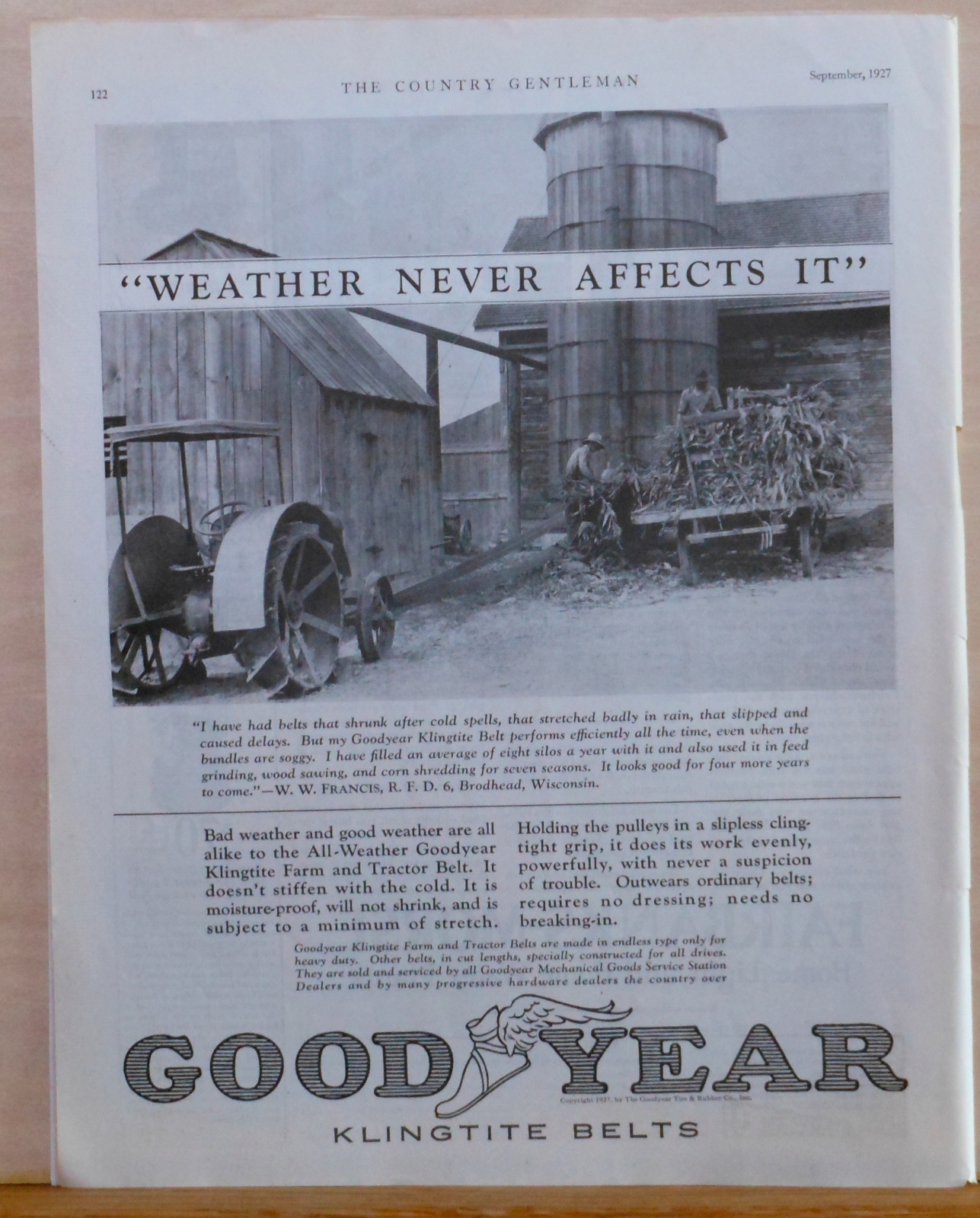 1927 magazine ad – Goodyear Klingtite tractor/farm belts, weather never affects