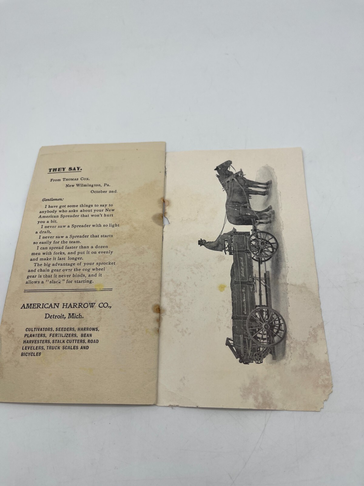 1800&rsquo;s American Harrow Company Detroit Agriculture Ad Pamphlet Manure Spreader