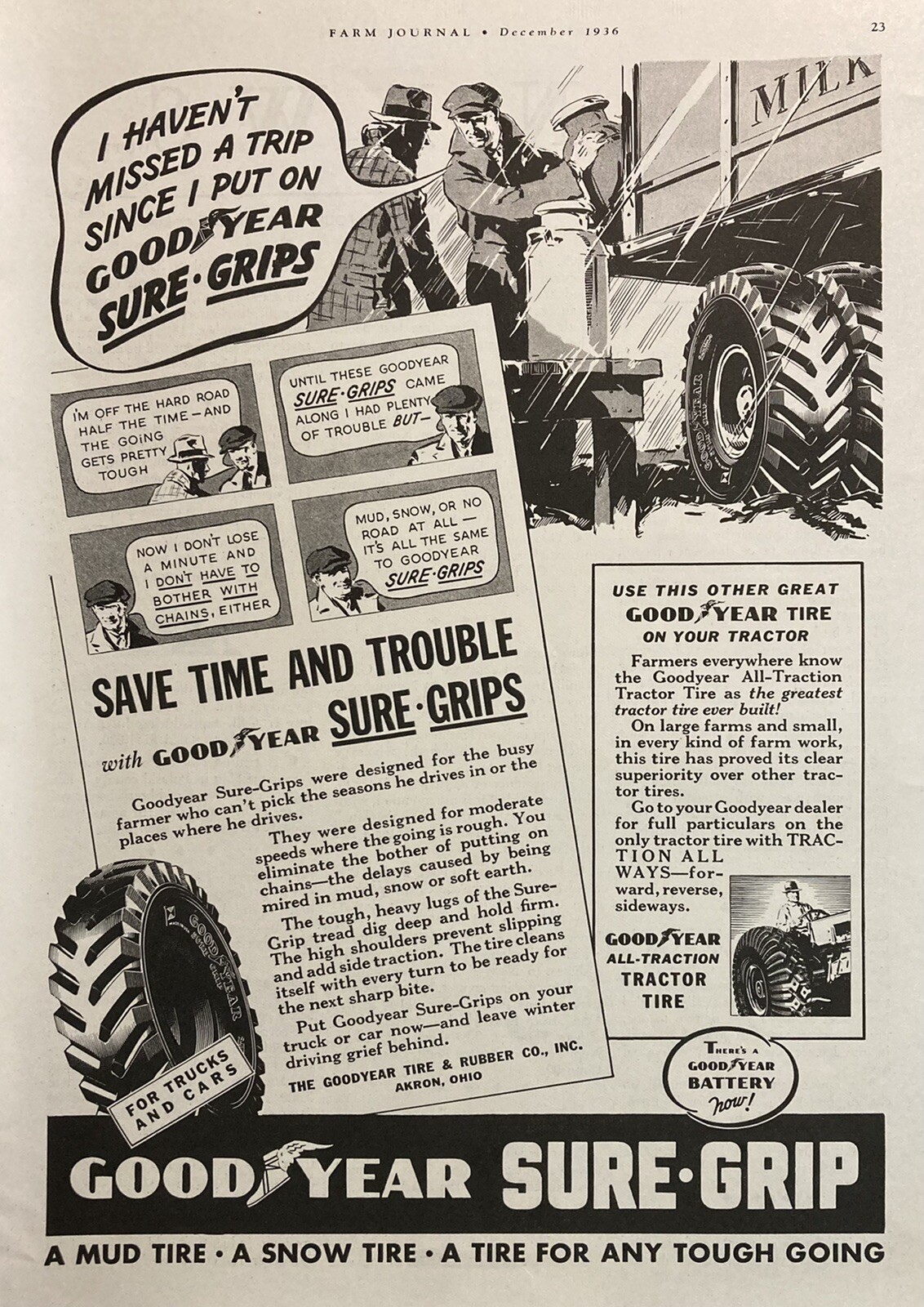 1936 AD.(XH60)~GOODYEAR TIRE & RUBBER CO. AKRON, OHIO. SURE•GRIP TRACTOR TIRES