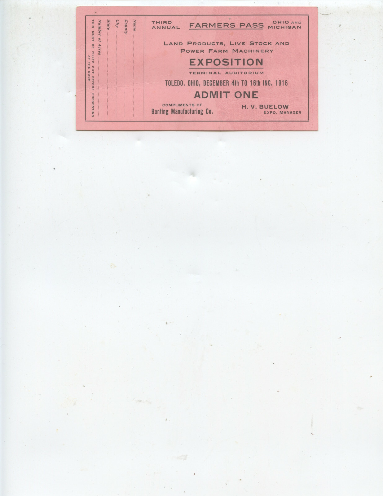 1916 « LIVESTOCK AND FARM MACHINERY EXPOSITION » UNUSED TICKET (TOLEDO, OHIO)