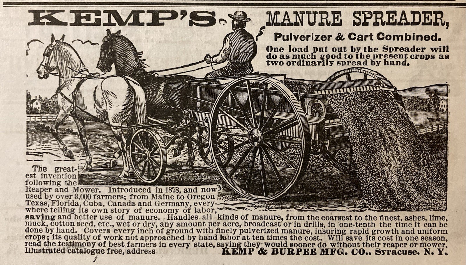 1882 AD.(XH84)~KEMP & BURPEE MFG. CO. SYRACUSE, NY. KEMP’S MANURE CART SPREADER