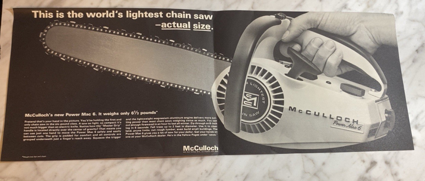 Vintage McCulloch Power Mac 6 Chainsaw Print Ad Poster Black White 21&Prime;x8&Prime;