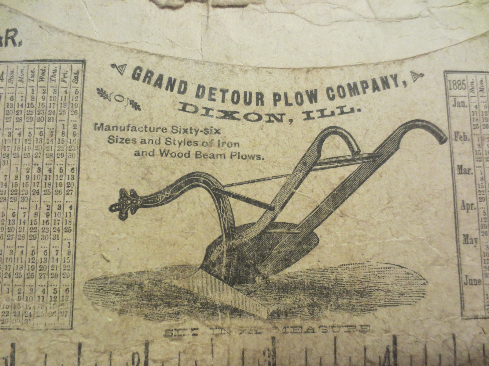 GRAND DETOUR PLOW COMPANY, DIXON ILLINOIS 1884-1885 CALENDAR L.I. CASE J. DEERE