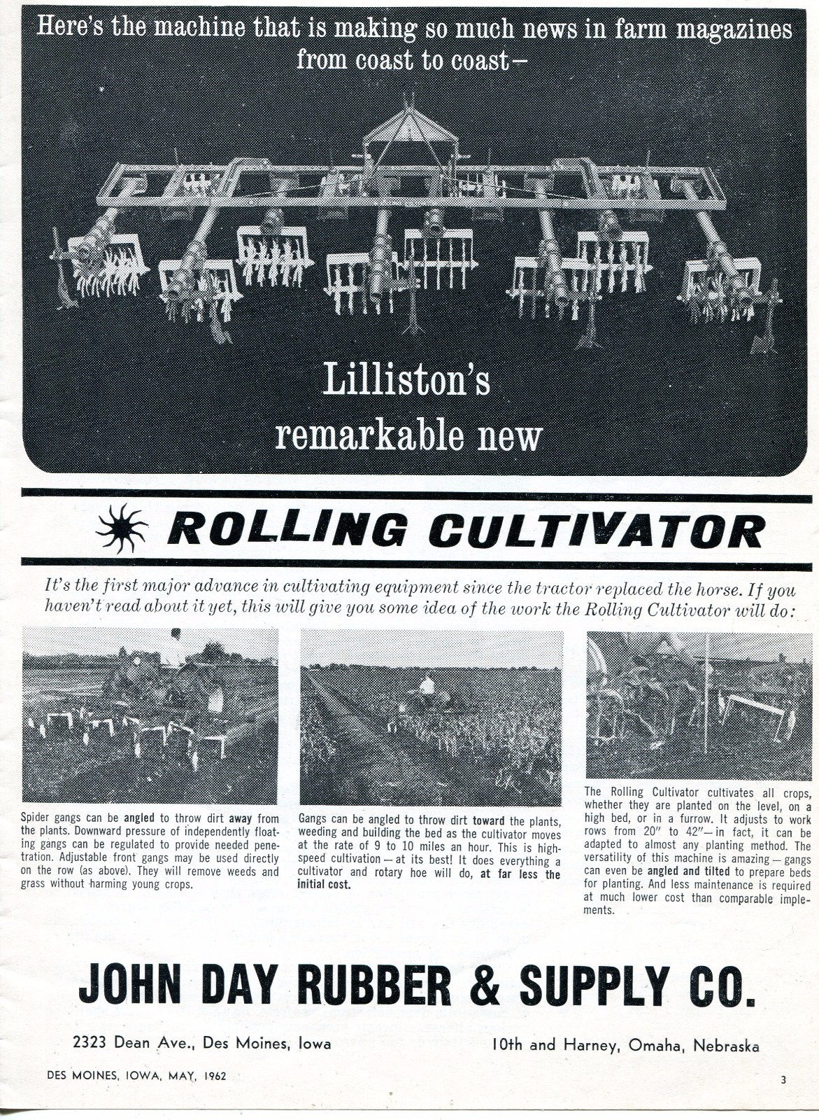 1962 Dealer Print Ad of John Day Rubber & Supply Lilliston Rolling Cultivator