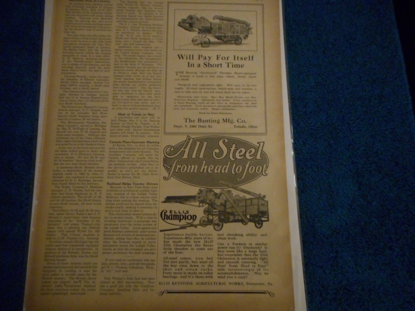 1927 Banting Mfg. Co. Greyhound Thresher Print Advertisement & Ellis Champion