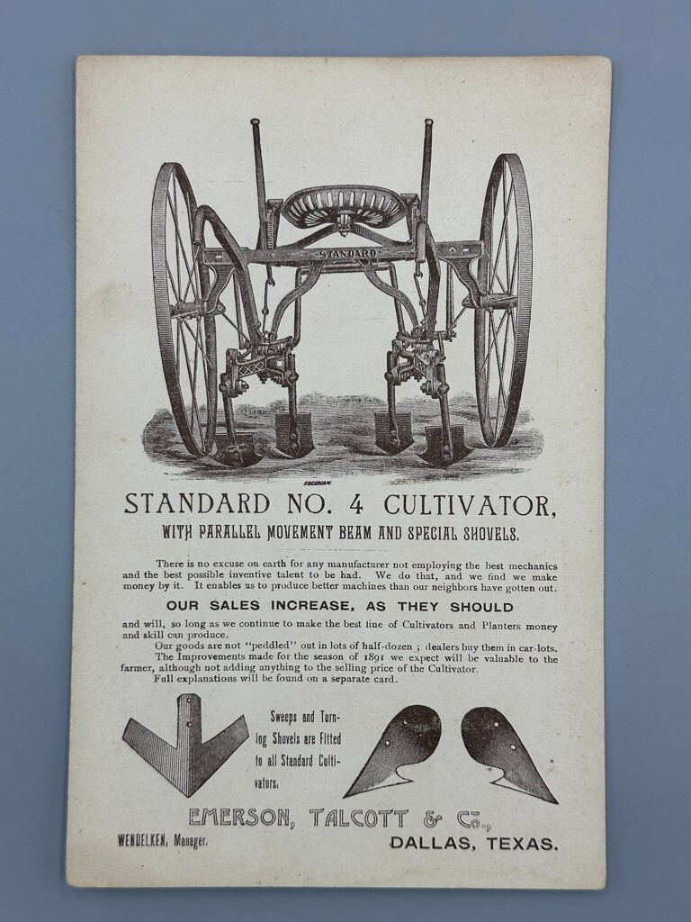 1880s Globe FARM Advertise EMERSON TALCOTT Cultivator 4 DALLAS Texas TRADE CARD