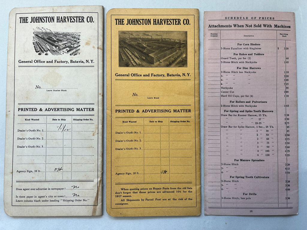 1912 &rsquo;17 3-Johnston Harvester Co Price List & Commission & Sale Contracts