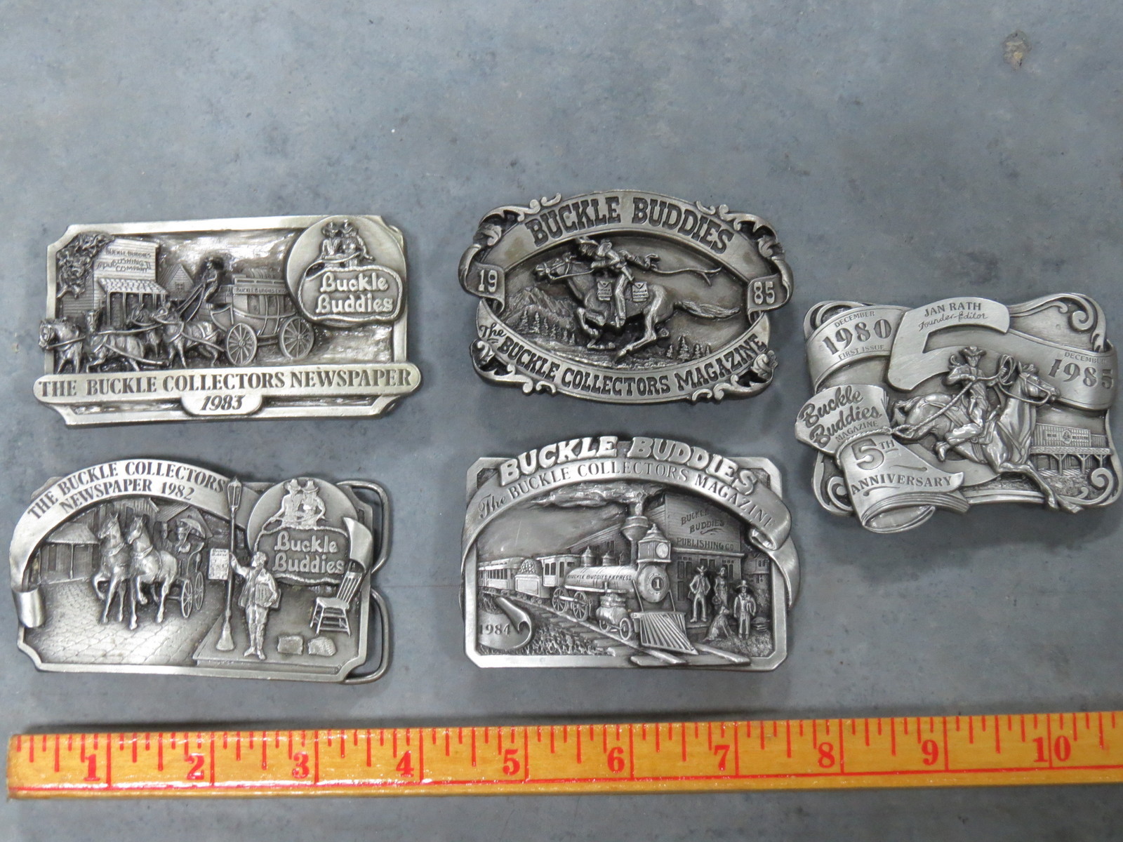 Vintage Buckle Buddies Belt Buckles LOT of 5 1982-1985 Pewter