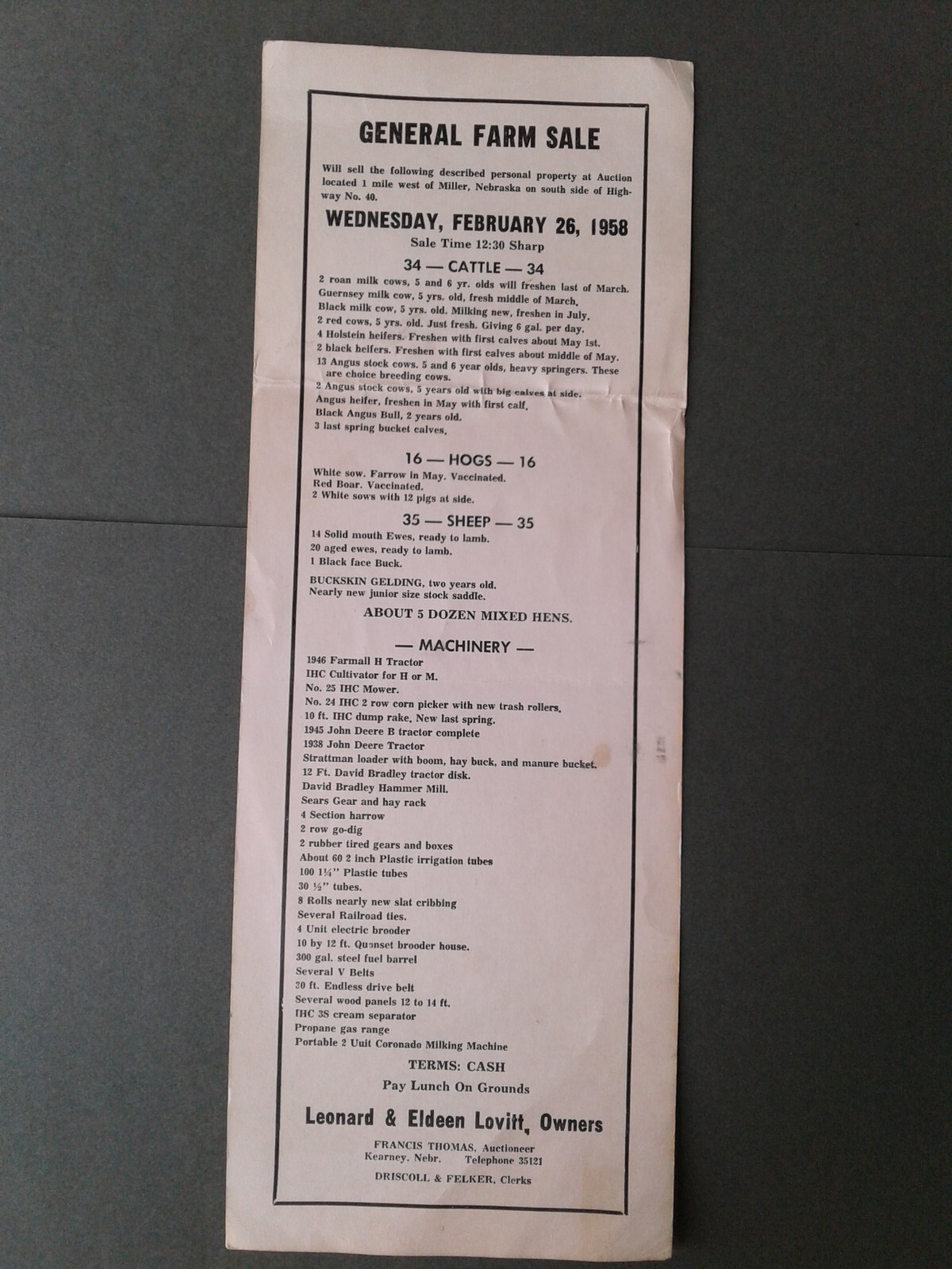 Miller Nebraska Advertising General Farm Sale bill from 1958.