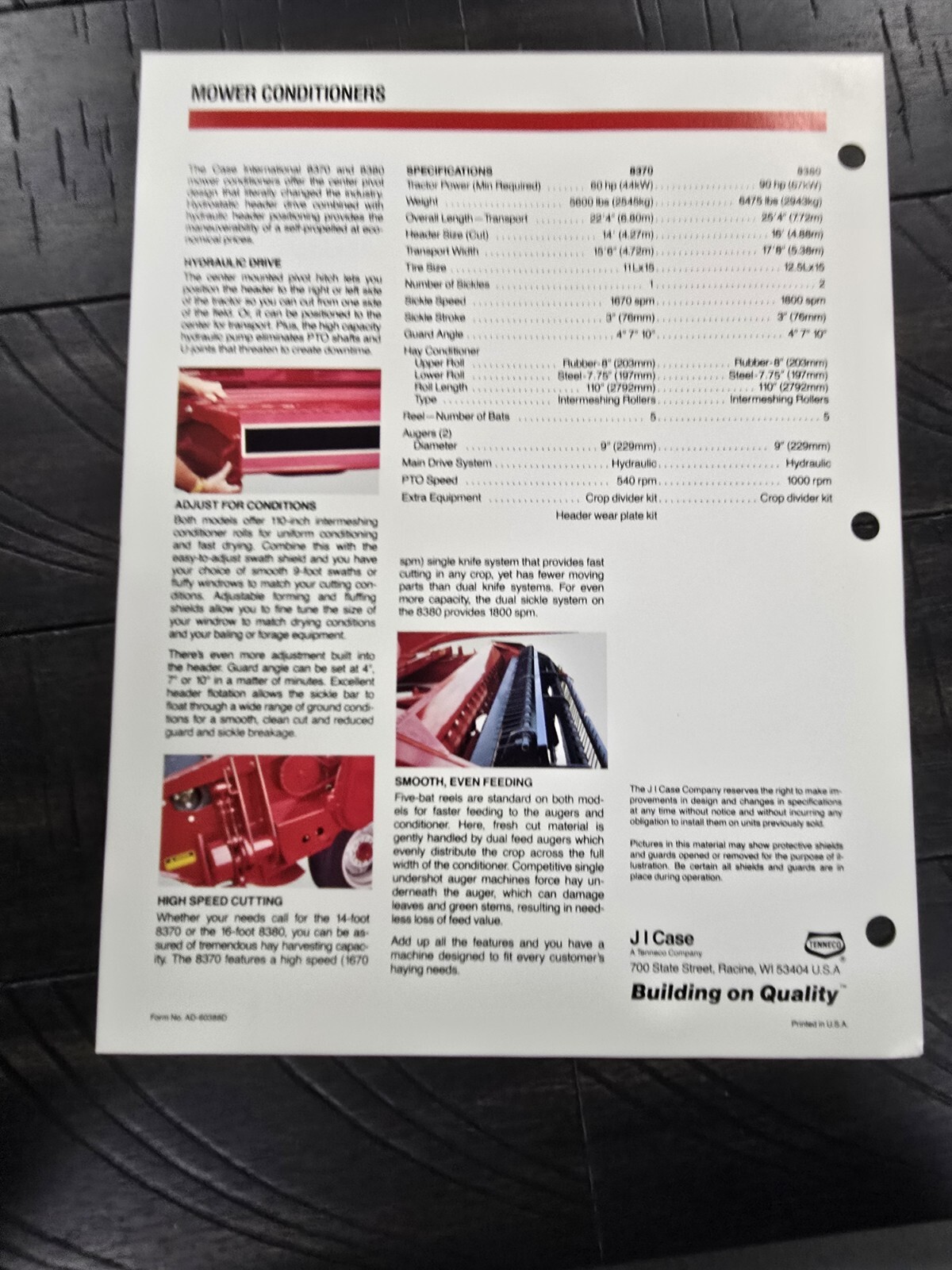 1990s 8370 Mower Conditioners Dealer Spec Sheet Case IH International Harvester