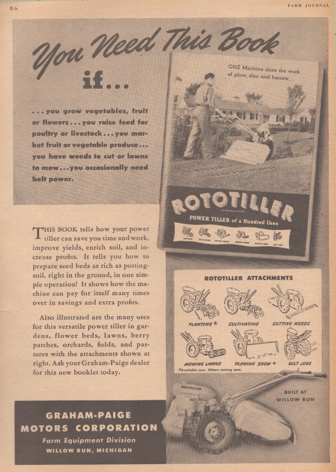 1946 Rototiller Vintage Print Ad Graham Paige MCM Farm Equipment Willow Run MI