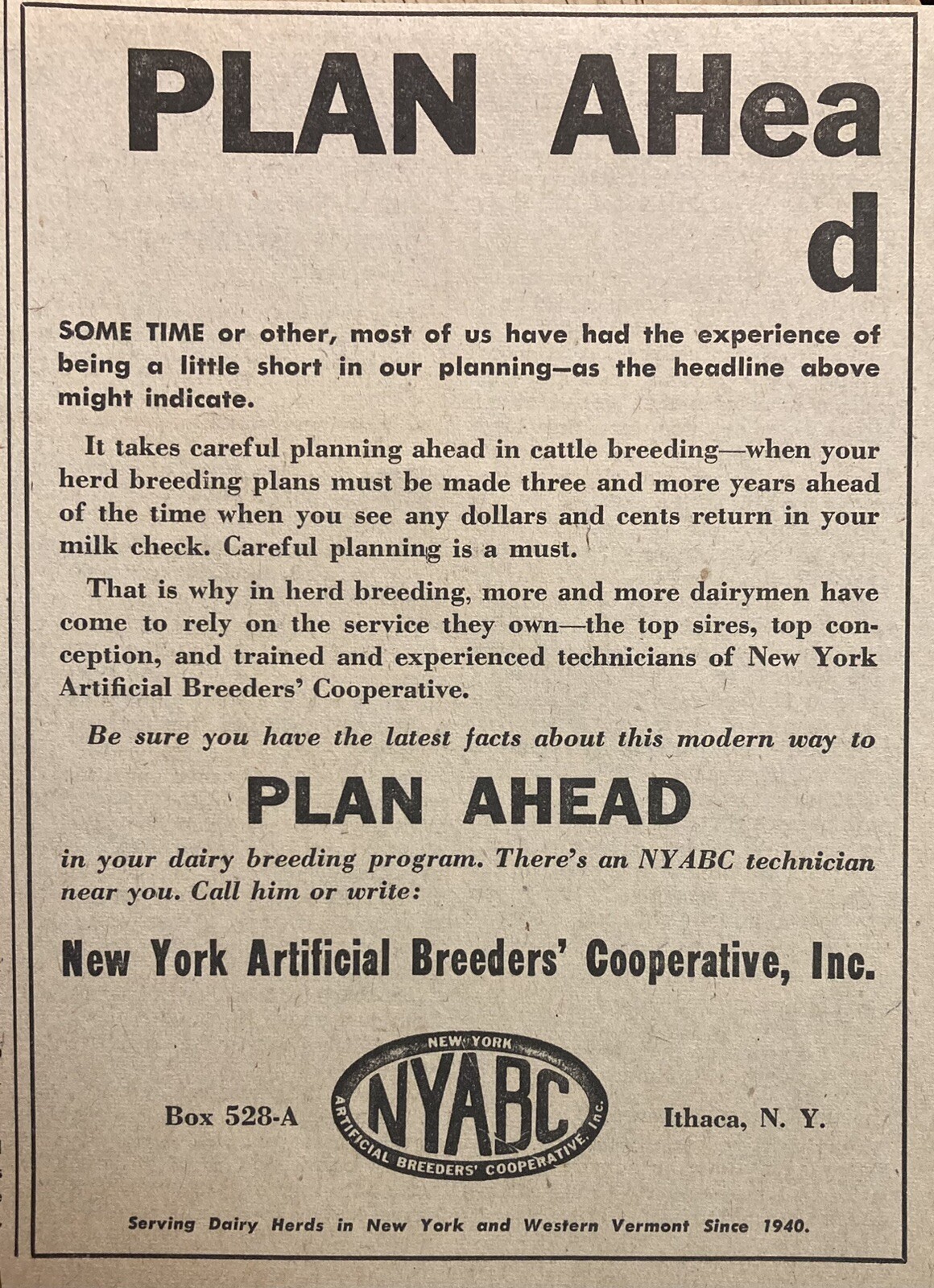 1957 AD.(XH63)~NEW YORK ARTIFICIAL BREEDERS’ CO-OP. ITHACA, NY. CATTLE BREEDING