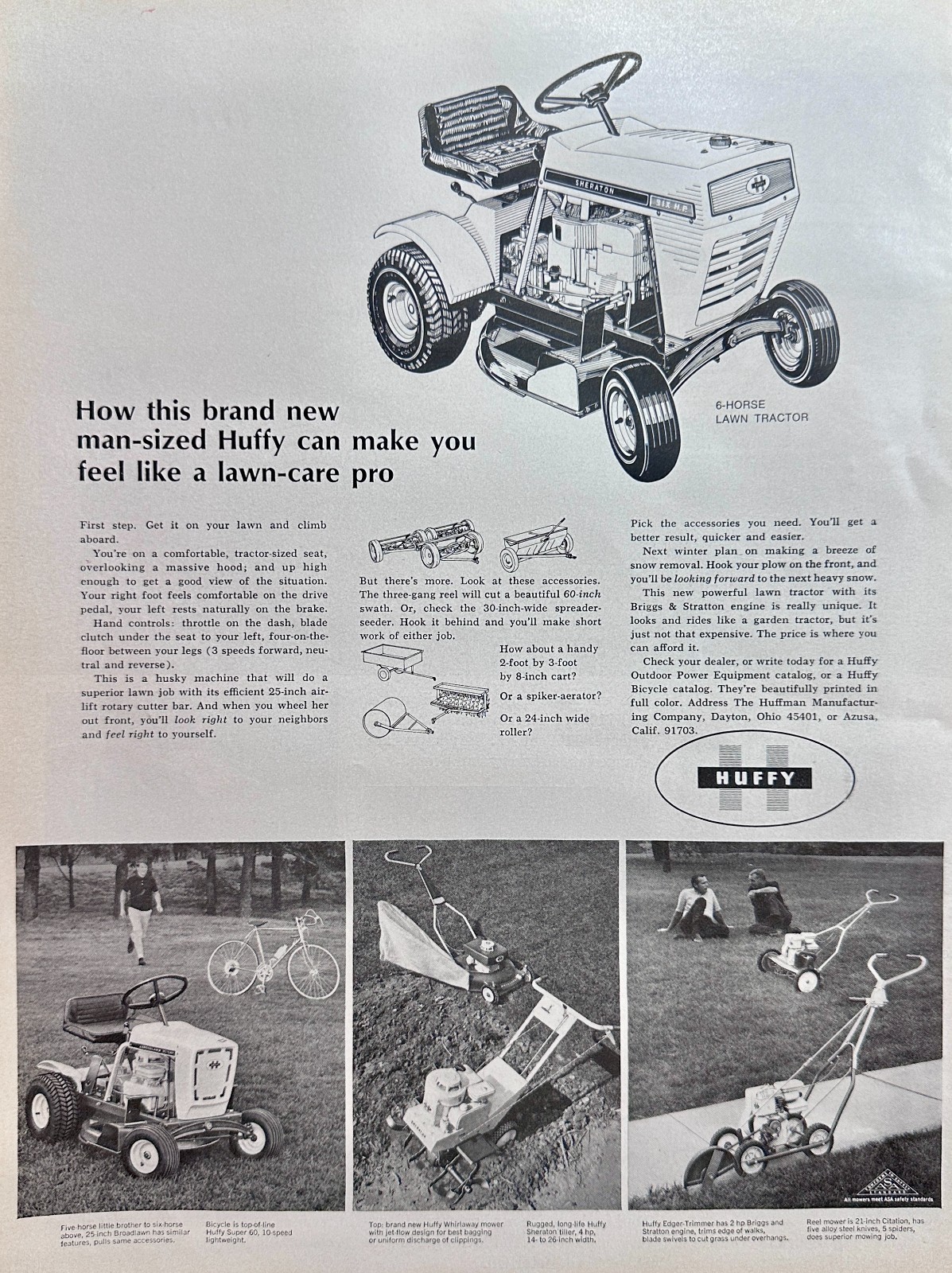 1967 Huffy Lawn Care Equipment – Sheraton 6Hp Lawn Tractors – Ad #1554