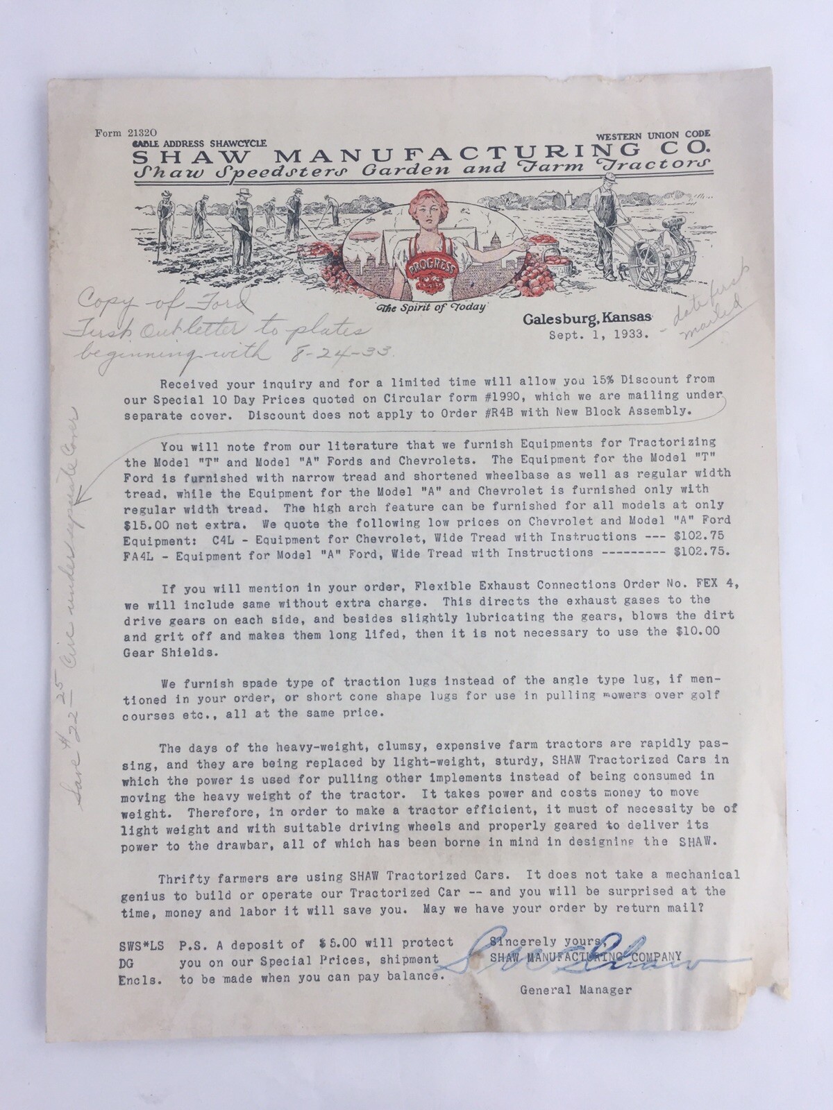 1933 Shaw Manufacturing Co Signed Advertising Brochure Converting Model T Ford