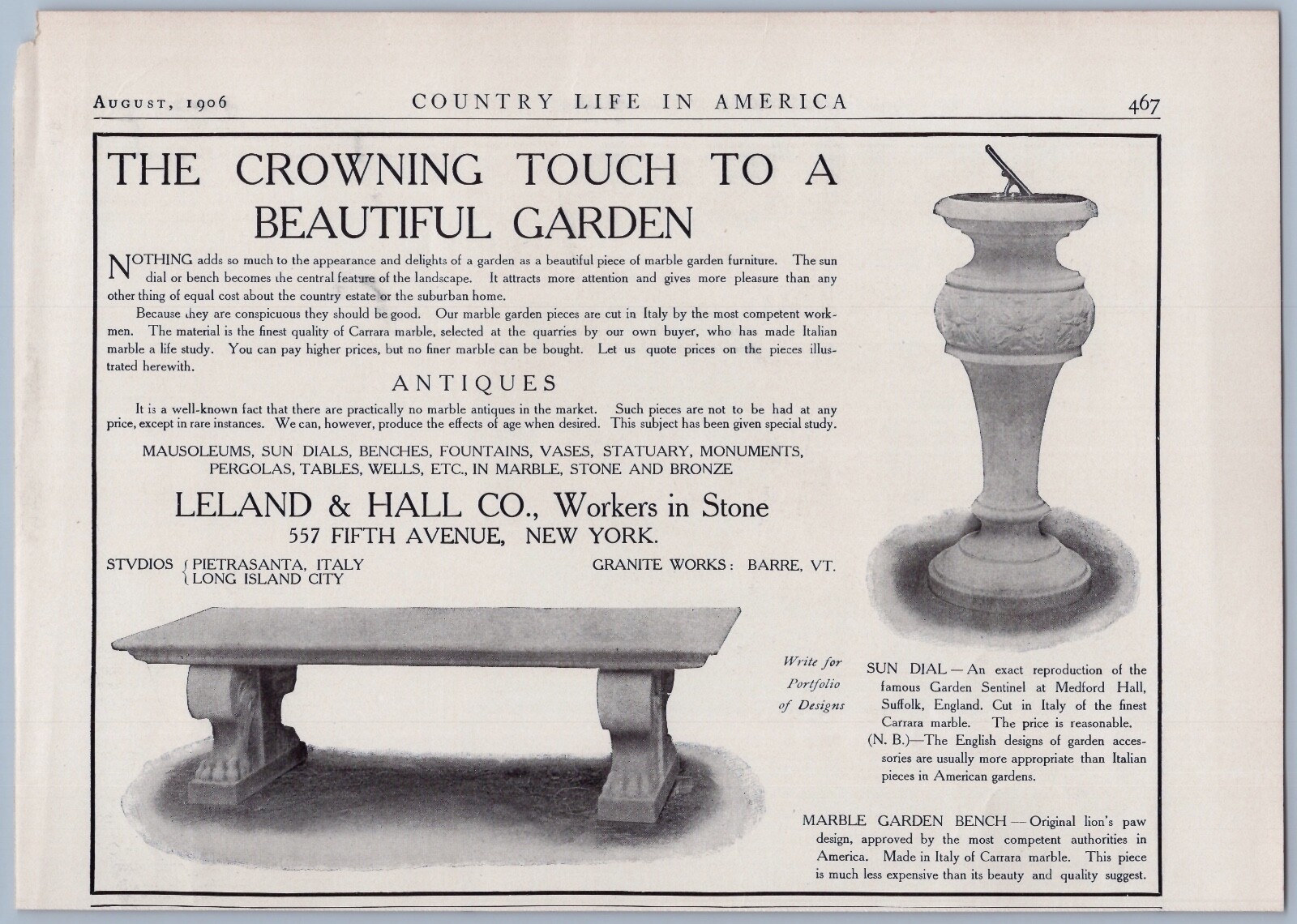 1906 Leland & Hall Vintage Ad New York Stone Carvers Garden Ornaments Bench