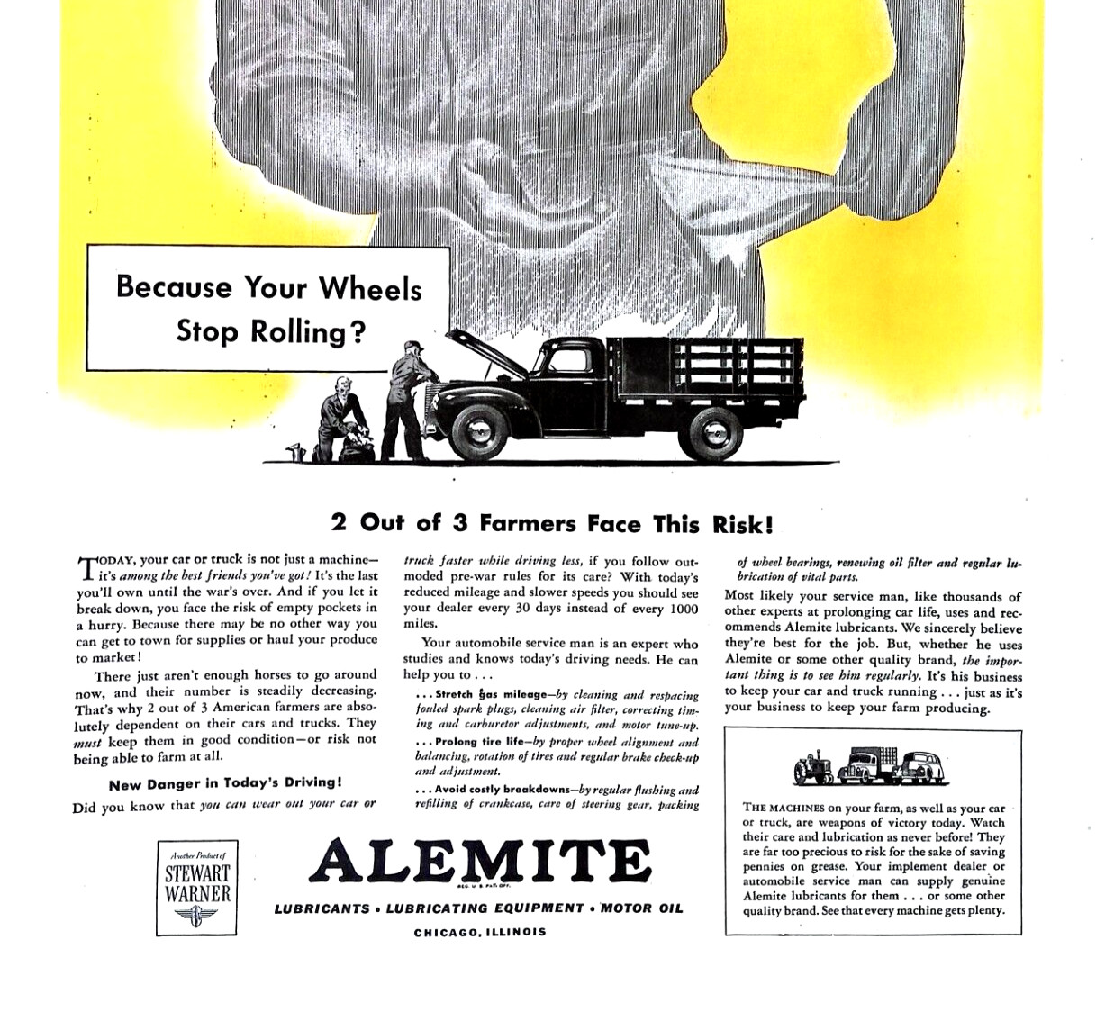 Alemite Lubricants 1943 Print Ad for Your Farm Vehicles 10.5×13.5