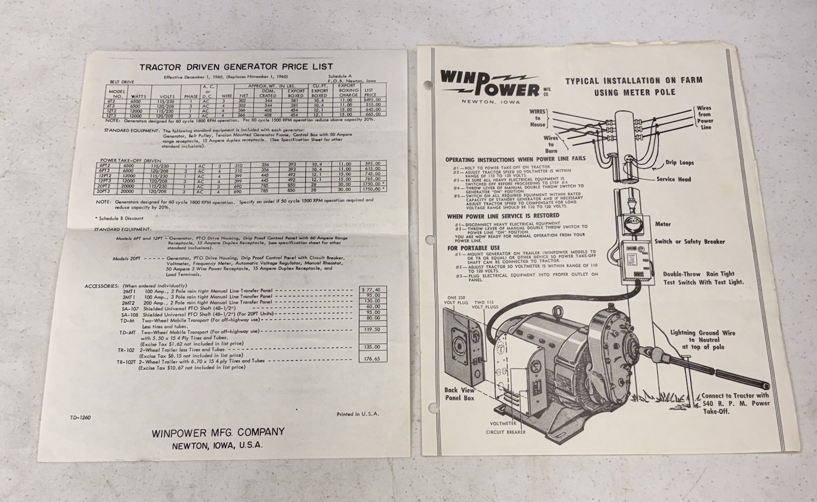 Vintage 1960&rsquo;s WinPower Tractor Driven Generator Manual & Brochure, Newton Iowa