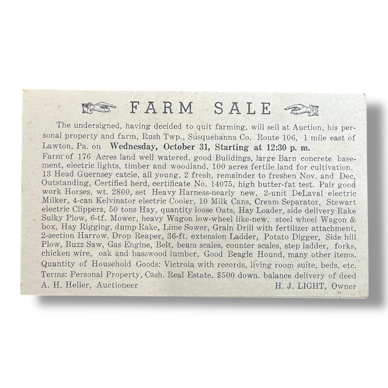 Vintage 1940s Pennsylvania Farm Auction Sale Card Rush Township Susquehanna PA