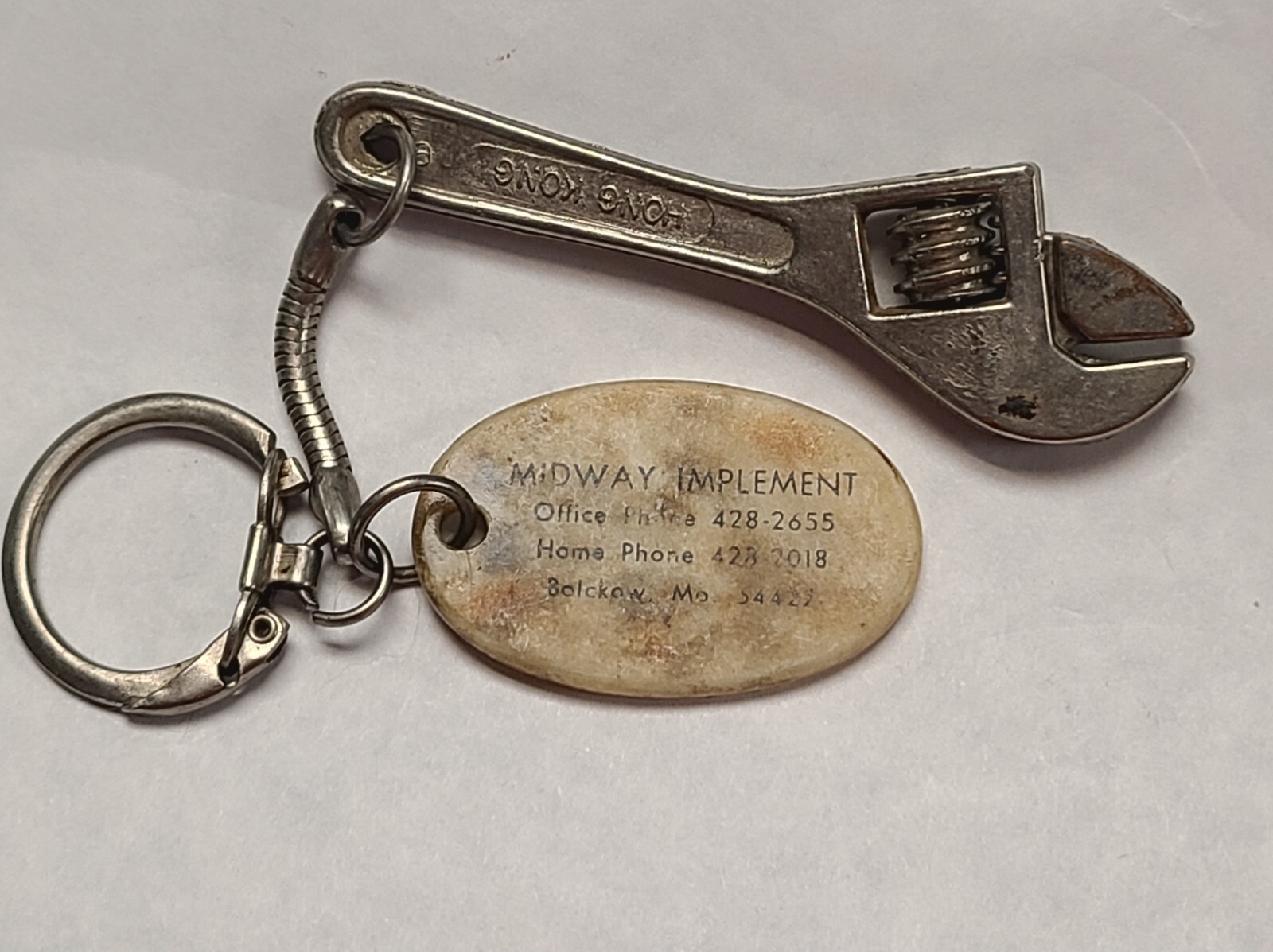 Vintage Mini Adjustable Wrench Keychain MIDWAY IMPLEMENT Bolckow Missouri