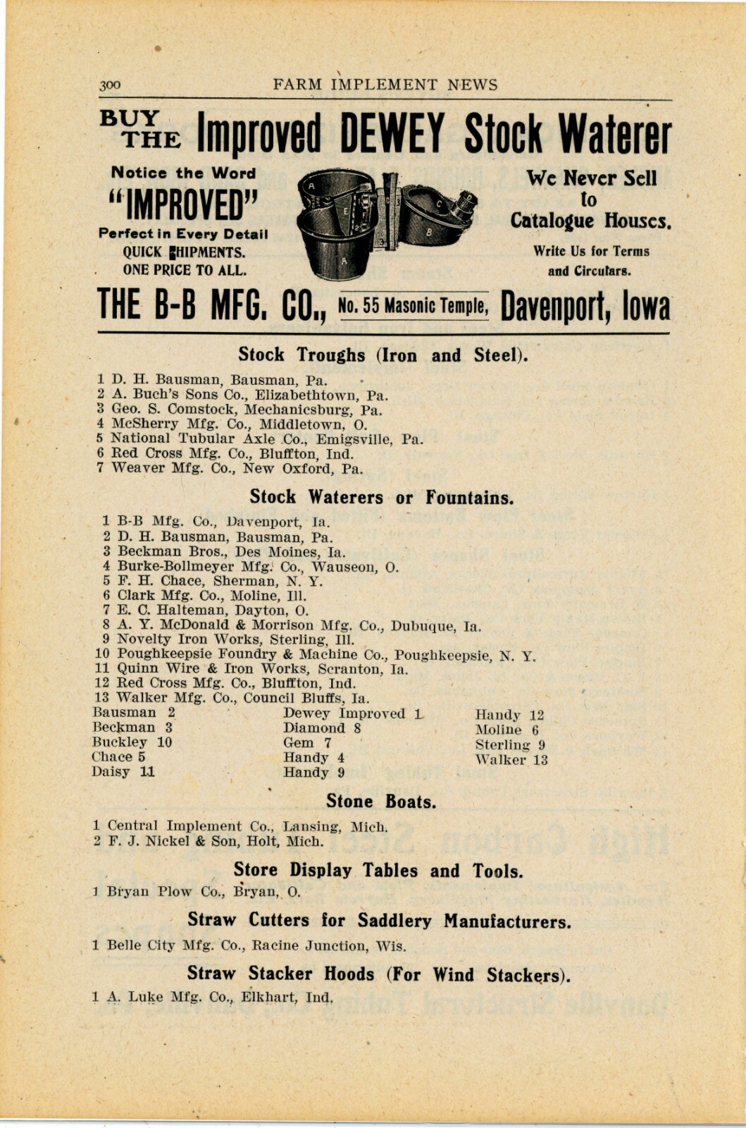 1905 B-B Mfg Co. Ad: Dewey Stock Waterer – No. 55 Masonic Temple, Davenport Iowa